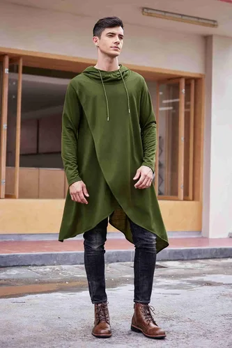 Vista 3 de COOFANDY Poncho con capucha para hombre, estilo casual, dobladillo asimétrico, sudadera con capucha