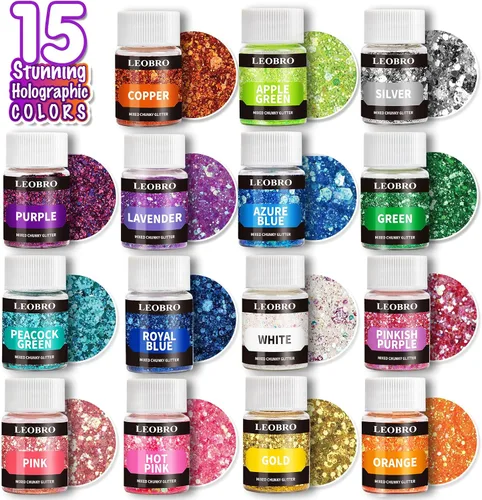 Vista 3 de LEOBRO Purpurina gruesa holográfica, 15 colores para resina, cuerpo de uñas, joyería y manualidades, con 5 cucharas mezcladoras