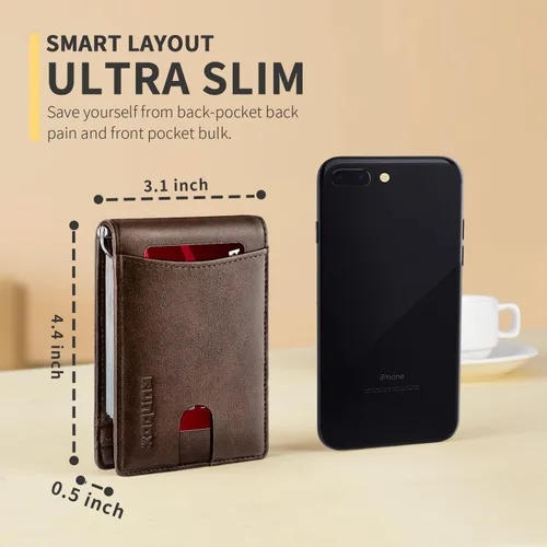 Vista 3 de RUNBOX Minimalist Slim Wallet for Men with Money Clip RFID Blocking Front Pocket Leather