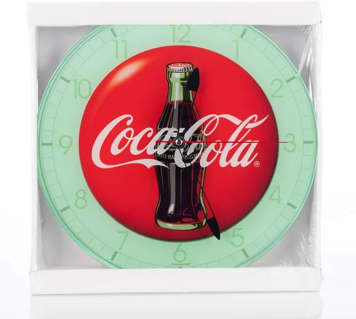 Vista 3 de Mark Feldstein & Associates Botella de Coca Cola Redondo Vintage Botón Rojo Logo 12 x 12 Reloj de Pared de Vidrio