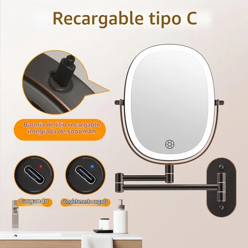 Vista 3 de FUNTOUCH Espejo de Maquillaje Montado en la Pared Iluminado 30X/1X, Espejo de Aumento de Baño Recargable de Doble Cara de 5000mAh, Modos de 3 30