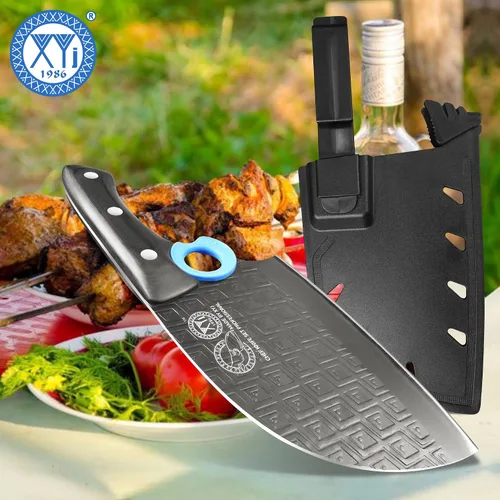 Vista 7 de XYJ Auténtico desde 1986, cuchillo de carnicero grande y resistente, cuchillo de chef serbio con estuche, cuchillo de cocina para vegetales