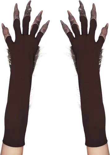 Vista 7 de XGOPTS Guantes largos de hombre lobo para Halloween, disfraz de mano de hombre lobo para cosplay, guantes de garra de lobo, guantes de animales