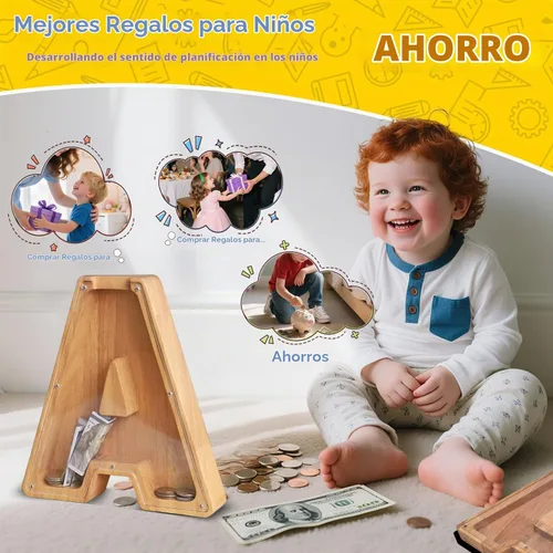 Vista 3 de Alcancía de Madera Personalizada con Letras del Alfabeto, Banco de Monedas con Letras del Alfabeto para Niños, Niñas y Bebés, Tamaño Grande, 26