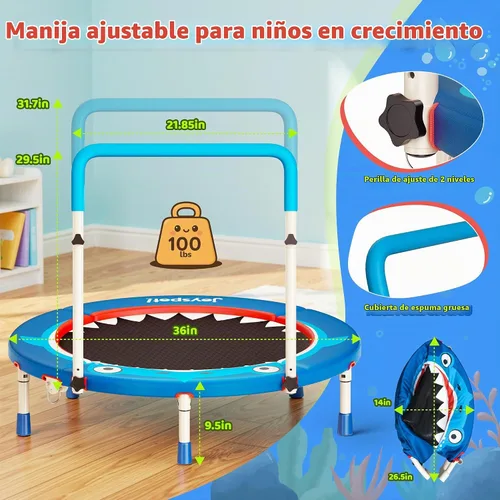 Vista 3 de 36-Inch Toddler Trampoline with Foam Handle, 3FT Foldable Mini Rebounder