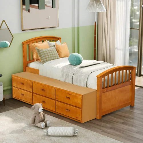 Vista 3 de Cama de almacenamiento con plataforma de madera de tamaño individual con 6 cajones, muebles de dormitorio para niños (roble)