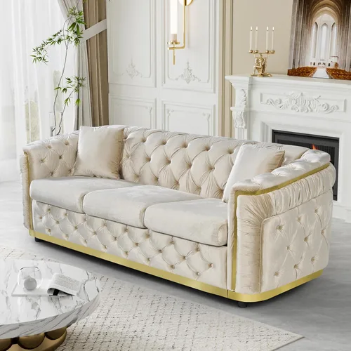 Vista 13 de Sofá Chesterfield de terciopelo de 62.5 pulgadas con respaldo copetudo y detalles dorados, beige Blanco