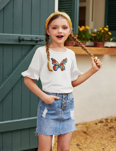 Vista 3 de Arshiner Camiseta para niñas, túnica casual de encaje, manga corta, holgada, suave