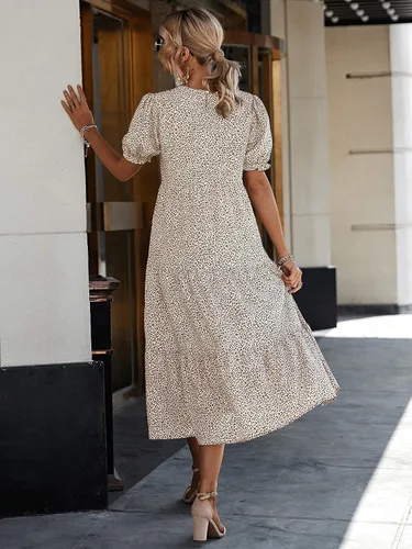 Vista 3 de PRETTYGARDEN Vestido bohemio casual de verano para mujer, con volantes, manga abombada, cintura alta, vestidos de playa por debajo de la rodilla