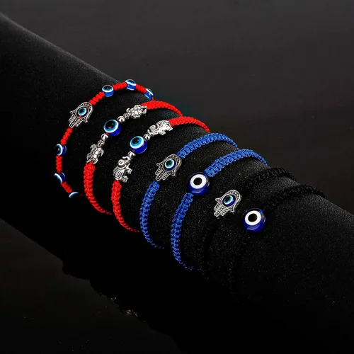 Vista 6 de Gmai Pulseras con dije de la suerte de ojo malvado, tobillera de cuerda roja, hilo trenzado, amuleto trenzado, familia, pareja, amistad, ajustable
