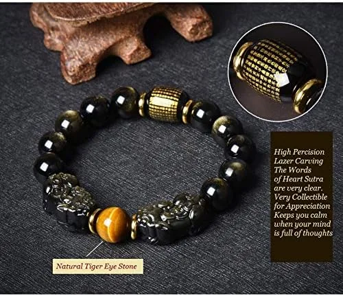 Vista 5 de LOTONTJ Feng Shui - Pulsera doble PixiuPi Yao para riqueza, prosperidad, obsidiana dorada, ojo de tigre, corazón, sutra, cristal, sanación, amuleto