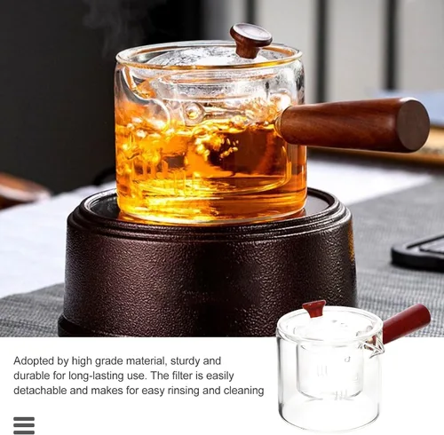 Vista 5 de CALLARON Tetera de vidrio de 18.6 onzas, tetera transparente con infusor, tetera con mango de madera antiquemaduras, infusor de té de hojas sueltas