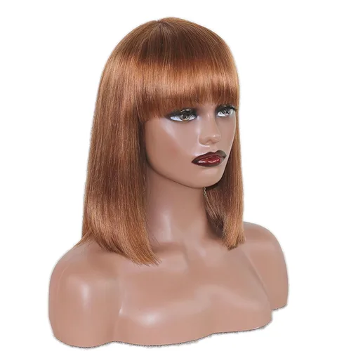 Vista 12 de Peluca de cabello humano lacio rubio 613 de 15 pulgadas con flequillo, sin pegamento, sin encaje frontal, Yaki Bob para mujer