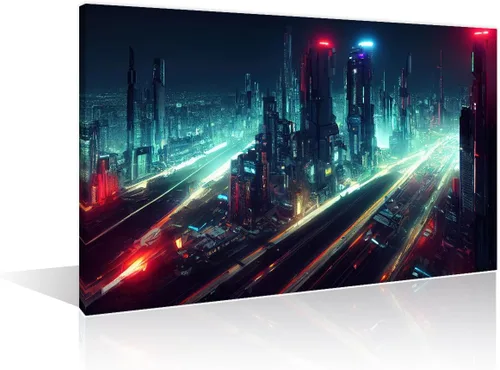 Vista 11 de 1 panel de cuadros de la ciudad de Cyberpunk, arte de pared, representación de vallas publicitarias, edificios modernos en la capital con obras