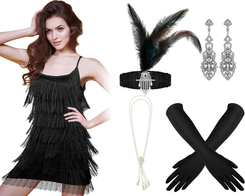 Vista 2 de Zhanmai Juego de 6 piezas de accesorios para mujer, juego de accesorios de los años 20, diadema, collar de perlas, aretes, guantes
