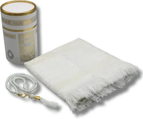 Vista 4 de Juego de alfombra de oración musulmana y rosario con caja de regalo de Kaaba, juego de regalos islámicos, Janamaz, Sajadah, blanco CRK02