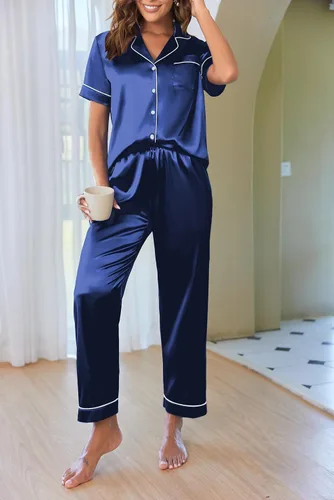 Vista 2 de Ekouaer Conjunto de pijama de satén de seda para mujer, ropa de dormir de dos piezas, ropa de dormir de manga corta, suave, con botones