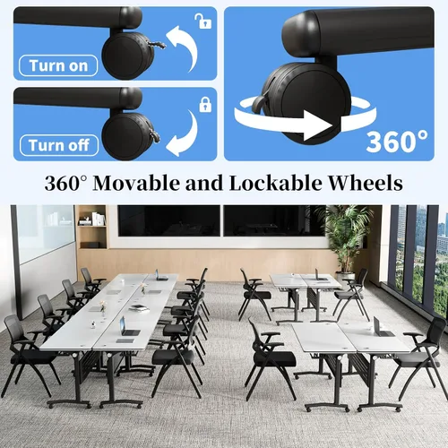 Vista 4 de Mesa de conferencias plegable con ruedas, mesa modular para sala de conferencias con 2 ojales para cables, mesas móviles de sala de reuniones