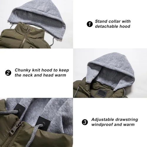 Vista 3 de VtuAOL Chaleco acolchado para hombre, chaleco acolchado con capucha para exteriores, chaleco grueso softshell para viajes, senderismo