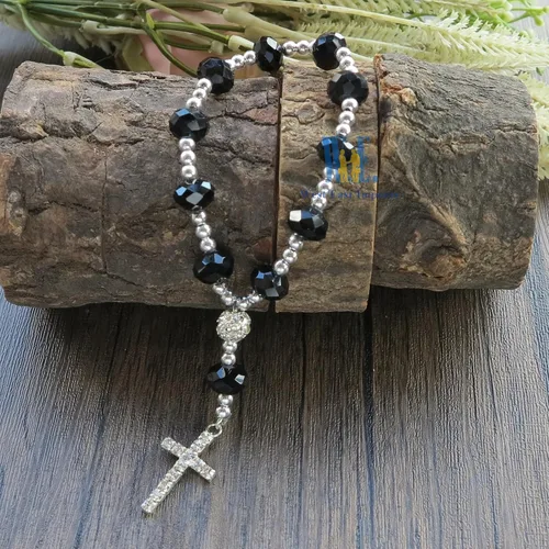 Vista 5 de 12 pulseras de rosario de cristal con diamantes de imitación, cruz, bautismo, boda, primera comunión, recuerdo de quinceañera, regalo conmemorativo