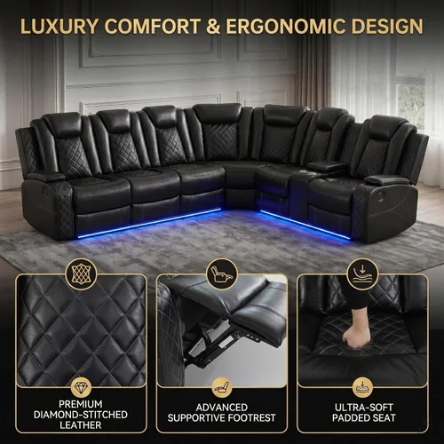 Vista 7 de Sofá seccional reclinable eléctrico con asiento de cine en casa con LED y puerto USB L Shaped Reclining Couch with Reading Lamp, Cup Negro