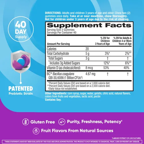 Vista 4 de Digestive Advantage Gomitas Probióticas Diarias para Niños, Multi, Sabores Naturales de Fruta, 80