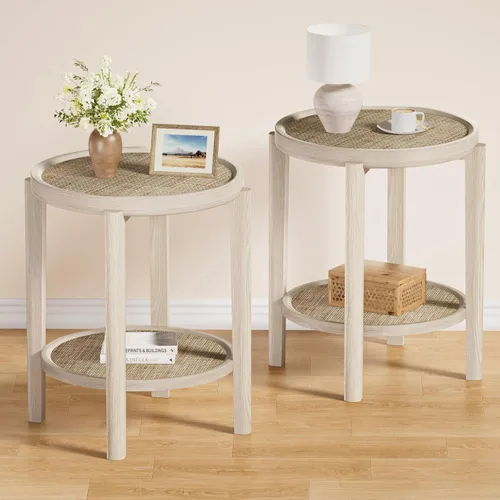 Vista 22 de Eclatara Mesitas de noche de ratán, mesa auxiliar de 2 niveles para dormitorio, mesa auxiliar de polígono decorativa para espacios pequeños, mesa