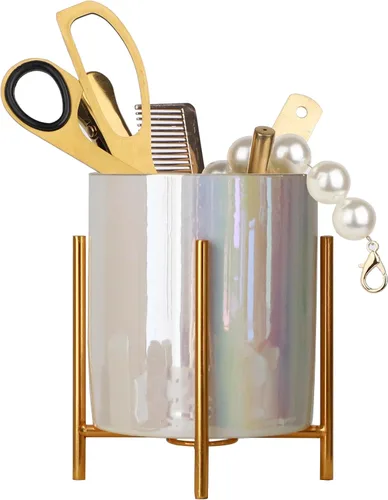 Vista 4 de Planet Pencil Cup Sturdy Metal Frame with White Ceramic Pen Holder For Desks and kitchen Appliance Holders