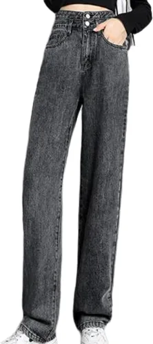 Vista 2 de DGHM-JLMY Pantalones de mezclilla sueltos de cintura alta para mujer, pantalones de mezclilla rectos desgastados, holgados y casuales de cintura alta