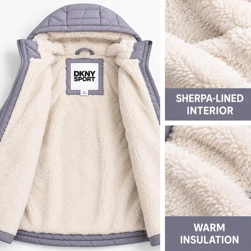 Vista 5 de DKNY Chaqueta acolchada para niñas - Chaqueta acolchada de sherpa completa forrada con escudo glaciar de longitud media para niños con aislamiento