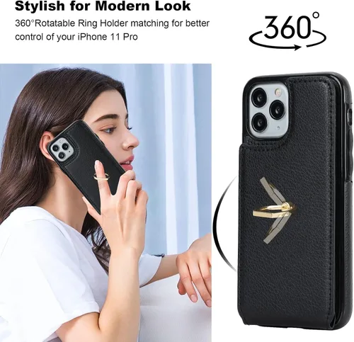 Vista 3 de Folosu Funda compatible con iPhone 11 Pro con soporte para tarjetas, rotación de 360°, soporte de anillo de dedo con función atril, protección RFID