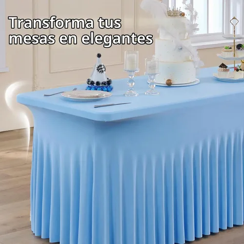 Vista 7 de Paquete de 2 manteles de elastano azul bebé de 6 pies con falda de mesa con volantes, manteles ajustables elásticos sin arrugas para mesas