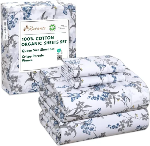 Vista 136 de RUVANTI Juego de sábanas de algodón orgánico 100% tamaño completo, tejido de percal, certificado GOTS, juego de 4 piezas, bolsillo profundo de 15
