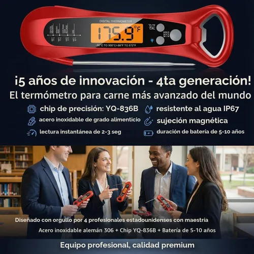 Vista 2 de Therm Pro® Chef - Termómetro digital para carne, lectura instantánea de 1 segundo, certificado NIST® con precisión de ± 0.5 ℉, pantalla LED ultra