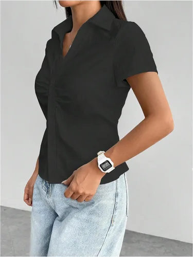 Vista 3 de SweatyRocks - Blusas con botones fruncidos, cuello en V, manga corta, camisas de trabajo para mujer