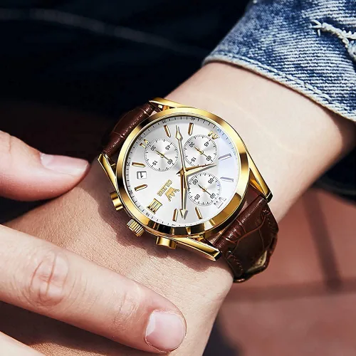 Vista 3 de OLEVS Reloj cronógrafo de cuarzo para hombre correa de cuero dorada con fecha de día reloj de pulsera de acero inoxidable impermeable relojes