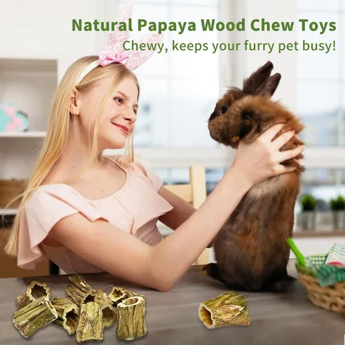 Vista 4 de Fhiny Juguetes masticables de conejo, 8 piezas de palitos masticables de madera de papaya natural de 2 pulgadas, golosinas para el cuidado dental