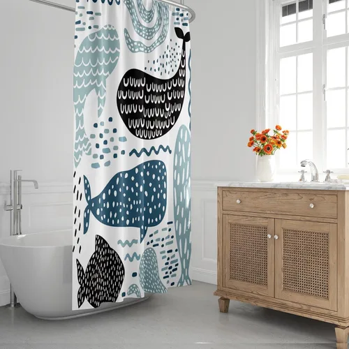 Vista 6 de Emvency Cortina de ducha náutica animal marino para niños, ballena, pulpo, pez, impermeable, tela de poliéster, 60 x 72 pulgadas, juego con ganchos