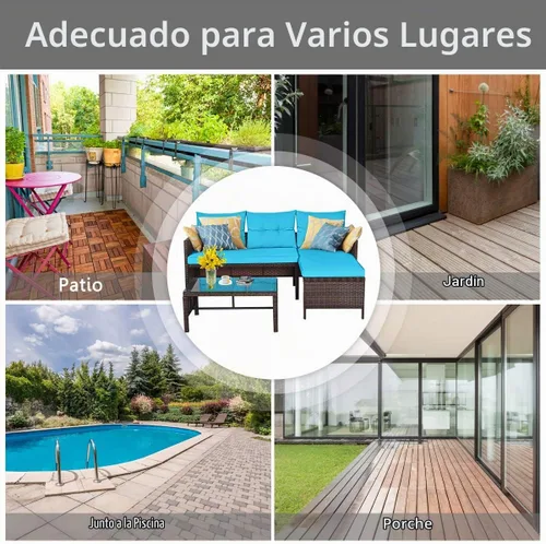 Vista 7 de RELAX4LIFE Juego de muebles de patio de 3 piezas, juego de sofá seccional de mimbre para exteriores con cojín lavable, mesa de centro de vidrio