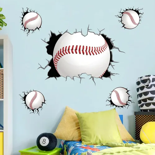 Vista 2 de Calcomanías de pared de béisbol 3D para decoración de dormitorio de Papel tapiz de béisbol, extraíble para despegar y pegar, decoración