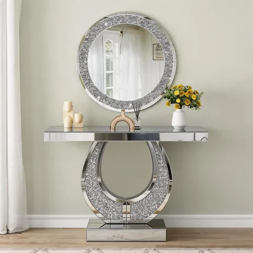 Vista 11 de Mesa Consola Negra con Espejo, Mesa de Sofá de Cristal Rectangular de 48 pulgadas con Elementos Tallados Vintage con Espejo, Muebles de Espejo