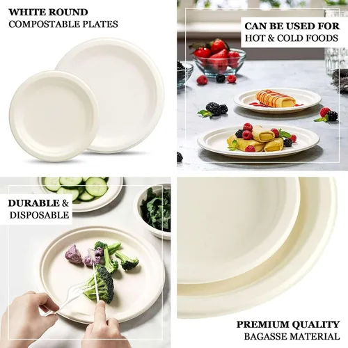 Vista 4 de Efavormart - Paquete de 50 platos redondos de bagazo biodegradables blancos de 7 pulgadas, compostables, ecológicos, desechables, aperitivos, Tipo 17