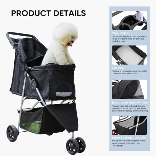 Vista 4 de [Usado] NEWBULIG - Cochecito plegable de 3 ruedas para perros y gatos Ligero y duradero, ideal para mascotas pequeñas a medianas, incluye cesta