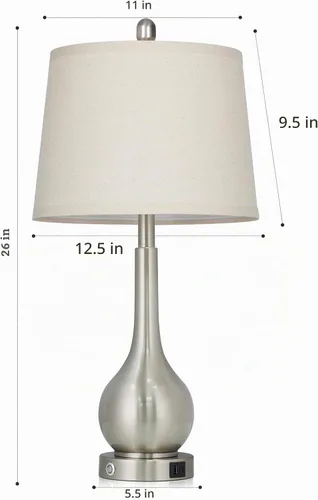 Vista 7 de Juego de 2 lámparas de mesa de metal plateado de 26 pulgadas para dormitorios, lámparas de noche con control táctil para mesita de noche con puerto
