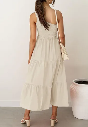 Vista 3 de ZESICA Vestido largo midi de verano bohemio con estampado floral de un hombro, sin mangas, fruncido con volantes, escalonado, para playa