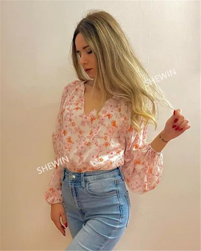 Vista 3 de SHEWIN - Blusas casuales, holgadas, de estilo bohemio, mangas largas, con cuello en V y estampado floral para mujer