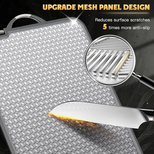 Vista 8 de Tabla de cortar grande de acero inoxidable, tabla de cortar de doble cara de 16 pulgadas para cocina, no tóxica, diseño de malla resistente a