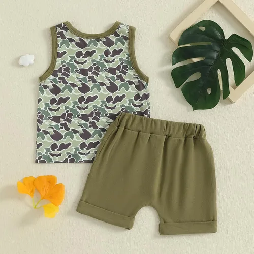 Vista 86 de Ropa de bebé niño sin mangas + pantalones cortos con estampado a rayas con bolsillos, 2 piezas de trajes de verano