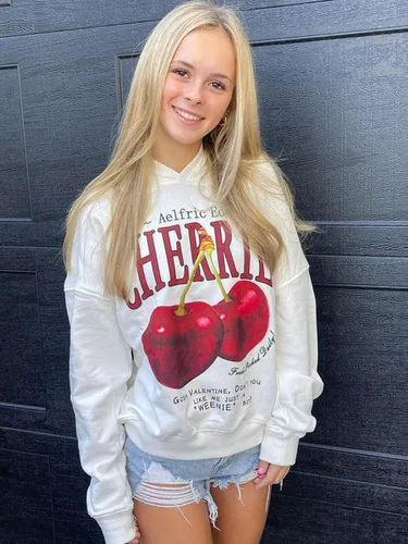 Vista 4 de Aelfric Eden Sudaderas con capucha para mujer, con estampado de cerezas de gran tamaño, sudadera de manga larga con capucha