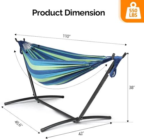 Vista 2 de Hamaca doble OnCloud con soporte de 9 pies, con estuche para transporte que ahorra espacio, Amarillo Azul